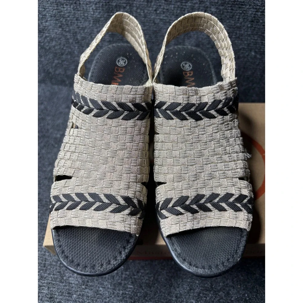 Bernie Mev Braided Level Light Gold Black Woven Wedge‎ Sandals Womens 6 36